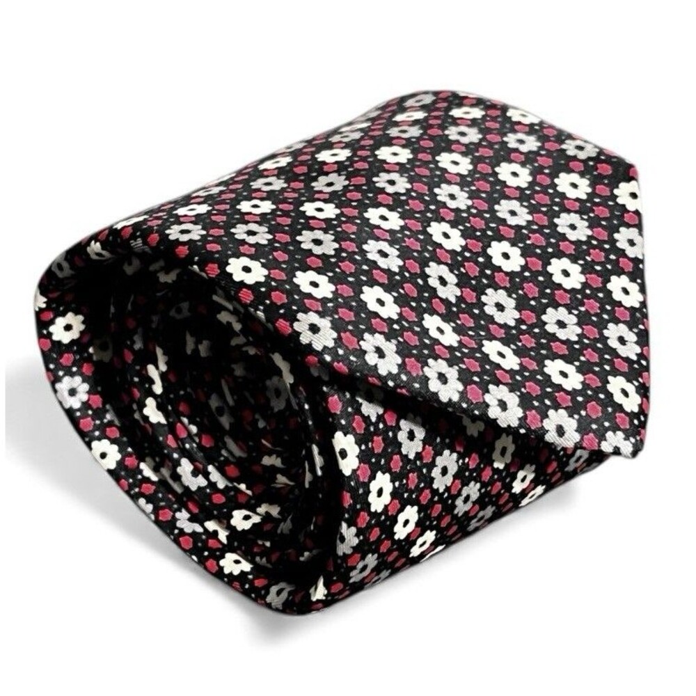 Christian Dior Silk Tie Black Red White Floral Micro Print Vintage Designer Mens